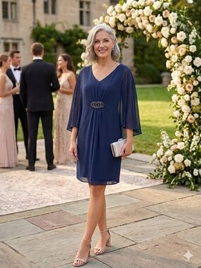 Connected Apparel Navy Blue Embellished Chiffon Cape Dress - Size 8